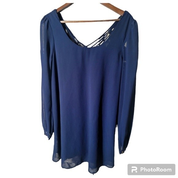 Chiffon Blue Longsleeve Lined Mini Dress with Strappy back Womens - Picture 1 of 13